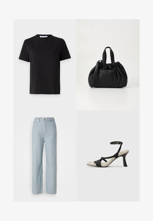 Black short-sleeve t-shirt made of soft cotton, featuring a round neckline, relaxed fit, and a smooth texture. No visible patterns or graphics.; Light blue straight-leg jeans made of denim. Features five pockets, a metal button closure, and subtle whiskering for texture.; Black heeled sandal with braided strap design, square toe, and adjustable ankle strap. Light beige footbed with a glossy black heel.; Black leather handbag with a gathered top design, featuring two short handles and a long adjustable strap. Smooth texture, rounded shape.