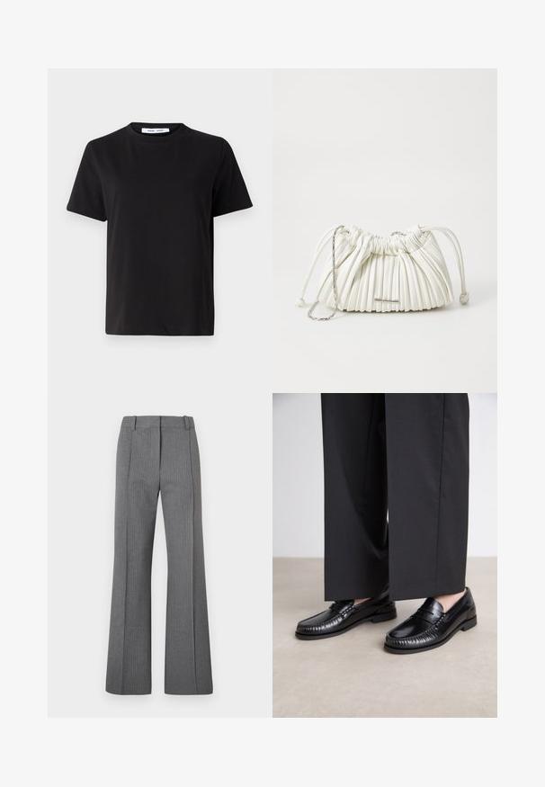 Zwart T-shirt met korte mouwen, gemaakt van zachte katoen, met een ronde hals, een ontspannen pasvorm en een gladde textuur. Geen zichtbare patronen of opdrukken.; Grijze pantalon met krijtstreep, met een platte voorkant, riemlussen en een soepele textuur. Volledige lengte met subtiele patroondetails.; Zwarte leren instappers met een gladde afwerking, gestikte details rond de teen en een lage rubberen zool. Gepaard met brede zwarte broeken.; Witte geplooide handtas gemaakt van zacht materiaal. Voorzien van een trekkoordsluiting, gevlochten handvatten en een accent van zilverkleurig hardware.