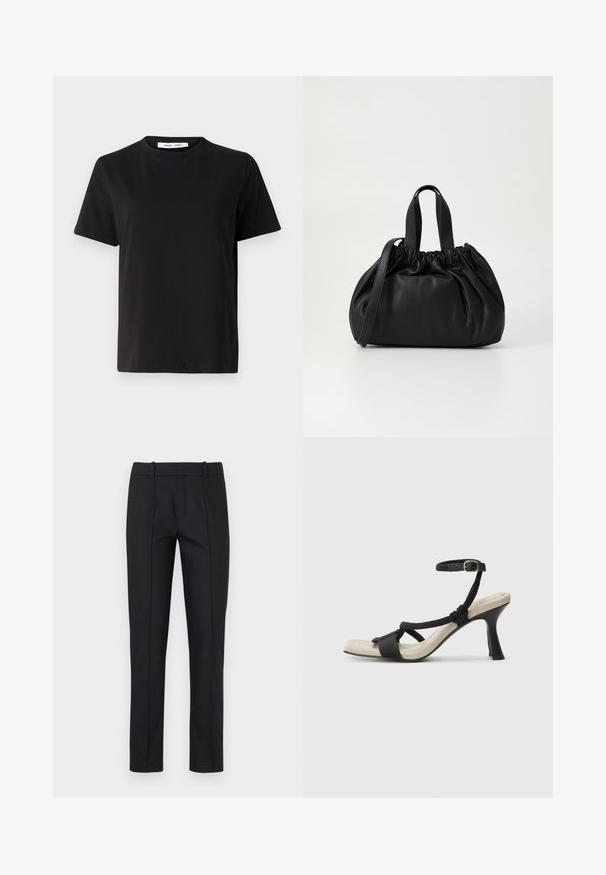 Črna majica s kratkimi rokavi iz mehkega bombaža, ki ima okroglo izrezovanje, udoben kroj in gladko teksturo. Brez vidnih vzorcev ali grafike.; Črne elegantne hlače s slim fit krojem, ravnim sprednjim delom in dvema zadnjima žepoma. Narejene iz gladkega materiala z diskretnim šivom ob šivih.; Črne sandale na visoki peti z prepletenim trakom, kvadratnim nosom in nastavljivim gležnjenjem. Svetlo bež podplat z sijajno črno peto.; Črna usnjena torbica z zloženim zgornjim dizajnom, opremljena z dvema kratkima ročkama in dolgo nastavljivo naramnico. Gladka tekstura, okrogla oblika.