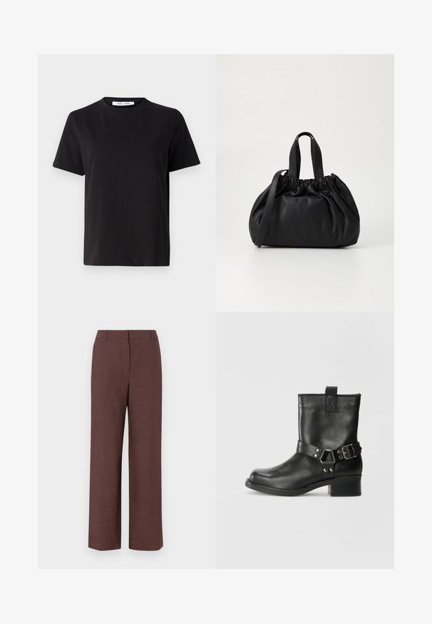 Black short-sleeve t-shirt made of soft cotton, featuring a round neckline, relaxed fit, and a smooth texture. No visible patterns or graphics.; Brown wide-leg trousers made of textured fabric with a smooth finish, featuring a flat front, belt loops, and side pockets.; Samsøe Samsøe SABRENTA - Cowboy/biker ankle boot - black; Black leather handbag with a gathered top design, featuring two short handles and a long adjustable strap. Smooth texture, rounded shape.