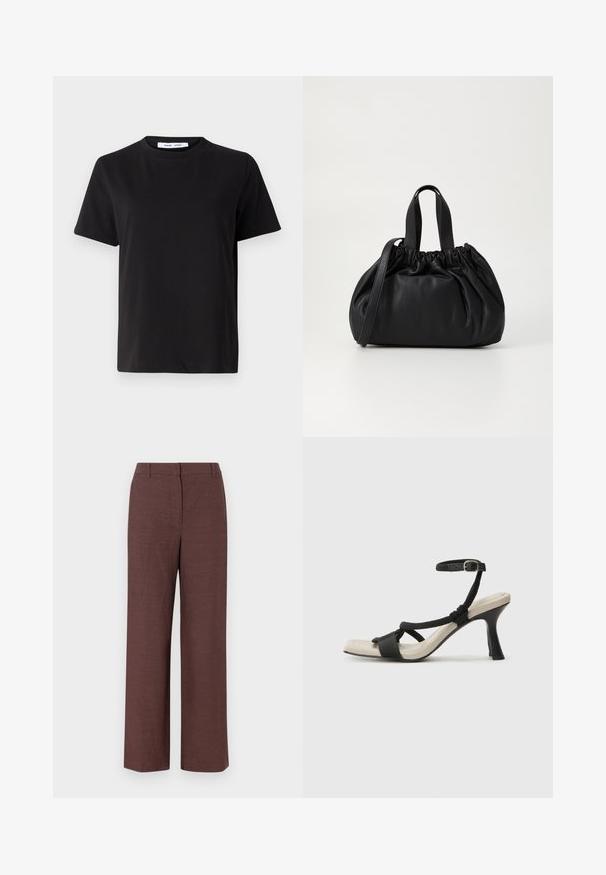 T-shirt noir à manches courtes en coton doux, avec un col rond, une coupe décontractée et une texture lisse. Pas de motifs ni de graphiques visibles.; Pantalons larges marron en tissu texturé avec une finition lisse, présentant un devant plat, des passants de ceinture et des poches latérales.; Sandale à talon noir avec un design de brides tressées, bout carré et bride de cheville réglable. Semelle intérieure beige claire avec un talon noir brillant.; Sac à main en cuir noir avec un design à haut froncé, doté de deux poignées courtes et d'une bandoulière longue et réglable. Texture lisse, forme arrondie.