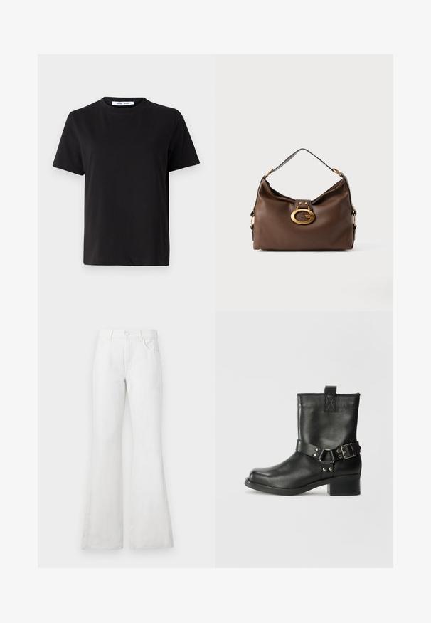 Črna majica s kratkimi rokavi iz mehkega bombaža, ki ima okroglo izrezovanje, udoben kroj in gladko teksturo. Brez vidnih vzorcev ali grafike.; Bela flared jeans iz denima z visokim pasom, ki imajo sprednje žepke, nastavljive zanke za pas in klasično zapiranje na gumb. Gladka tekstura, sproščen dizajn.; Samsøe Samsøe SABRENTA - Gležnjar v kavbojskem in motorističnem slogu - black; Rjavo usnjeno ročna torbica z teksturirano površino, ki ima zlato toniran zaklep in en sam, ukrivljen naramnico.