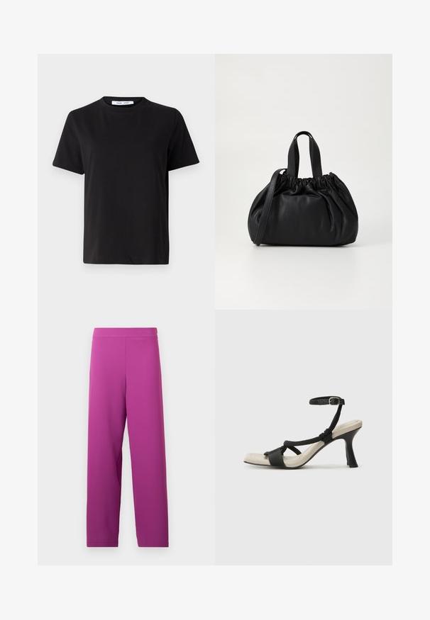 Crna kratka majica s kratkim rukavima od mekanog pamuka, s okruglim izrezom, opuštenim krojem i glatkom teksturom. Nema vidljivih uzoraka ili grafike.; Ljubicasti široki hlače izrađene od mekog, rastezljivog materijala. Imaju visoki pojas i nemaju vidljive hardverske ili uzorke.; Crne sandale na visokom potpetici s dizajnom pletenih trakica, kvadratnim vrhom i podešivom trakicom oko gležnja. Svijetlosmeđi ulošci s sjajnim crnim potpeticama.; Crna kožna torba s nabranim dizajnom na vrhu, s dva kratka ručka i dugim podesivim remenom. Glatka tekstura, zaobljen oblik.
