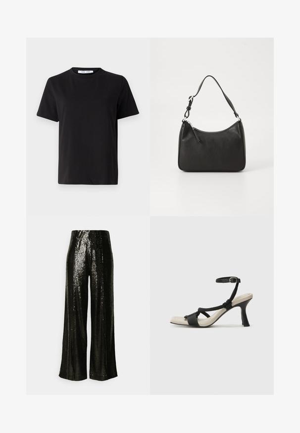 Črna majica s kratkimi rokavi iz mehkega bombaža, ki ima okroglo izrezovanje, udoben kroj in gladko teksturo. Brez vidnih vzorcev ali grafike.; Črne široke hlače iz bleščic z gladko teksturo in visokim pasom, ki odražajo svetlobo z sijočim zaključkom.; Črne sandale na visoki peti z prepletenim trakom, kvadratnim nosom in nastavljivim gležnjenjem. Svetlo bež podplat z sijajno črno peto.; Črna usnjena torba za roke s ukrivljenim oblikom, enim trakom, zadrgo in diskretnim blagovnim znamkom na sprednjem delu. Gladka tekstura, minimalističen dizajn.