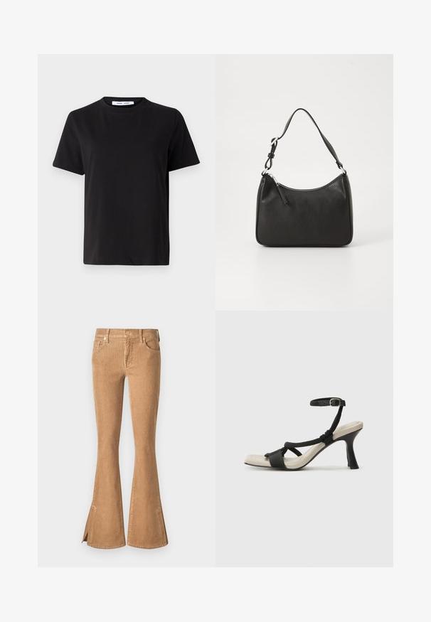 T-shirt nero a maniche corte realizzato in morbido cotone, con scollatura rotonda, vestibilità rilassata e una superficie liscia. Nessun motivo o grafica visibile.; Jeans a zampa d'elefante in velluto a coste marroni con vita alta, tasche frontali e aperture a fessura all'orlo. Tessuto testurizzato con un motivo a costine.; Sandal con tacco nero e design con cinturino intrecciato, punta quadrata e cinturino alla caviglia regolabile. Soletta beige chiaro con tacco nero lucido.; Borsa a tracolla in pelle nera con forma curva, una tracolla singola, chiusura con zip e marchio discreto sul fronte. Texture liscia, design minimalista.