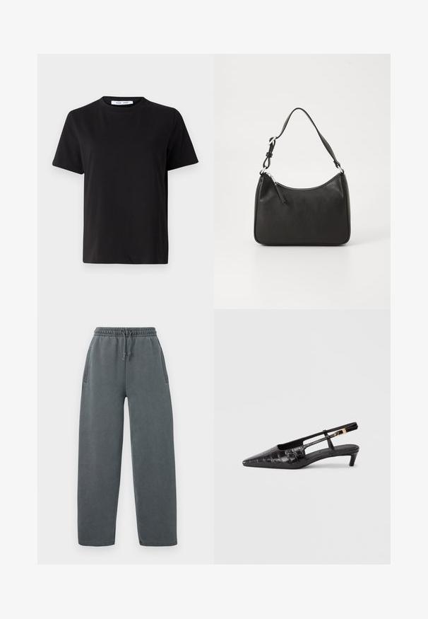 Black short-sleeve t-shirt made of soft cotton, featuring a round neckline, relaxed fit, and a smooth texture. No visible patterns or graphics.; Gray sweatpants with a drawstring elastic waistband, side pockets, and a relaxed fit. Made from a soft, textured fabric.; Black leather pointy-toed slingback shoe with a crocodile texture, small stacked heel, and adjustable strap with metallic buckle detail.; Black leather handbag with a curved shape, a single strap, zip closure, and subtle branding on the front. Smooth texture, minimalist design.