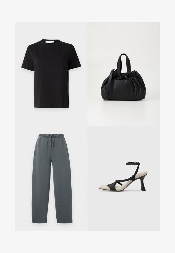 Črna majica s kratkimi rokavi iz mehkega bombaža, ki ima okroglo izrezovanje, udoben kroj in gladko teksturo. Brez vidnih vzorcev ali grafike.; Sive hlače na trening z elastičnim pasom na vrvico, stranskimi žepi in sproščenim krojem. Narejene so iz mehke, teksturirane tkanine.; Črne sandale na visoki peti z prepletenim trakom, kvadratnim nosom in nastavljivim gležnjenjem. Svetlo bež podplat z sijajno črno peto.; Črna usnjena torbica z zloženim zgornjim dizajnom, opremljena z dvema kratkima ročkama in dolgo nastavljivo naramnico. Gladka tekstura, okrogla oblika.
