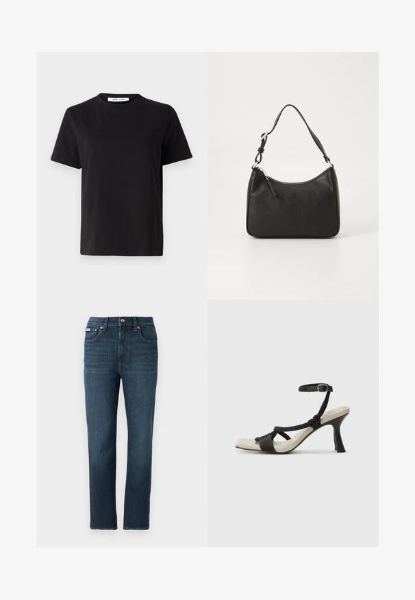 T-shirt preto de manga curta feito de algodão suave, com decote redondo, ajuste descontraído e uma textura suave. Sem padrões ou gráficos visíveis.; Jeans de denim azul escuro com um design de perna reta, bolsos frontais, fecho de botão e um detalhe de costura subtil na cintura.; Sandal com salto alto preto e design de tiras trançadas, bico quadrado e tira de tornozelo ajustável. Sola em tom bege claro com um salto preto brilhante.; Mala de mão em couro preto com formato curvo, uma alça, fecho em zip e uma marcação discreta na frente. Textura suave, design minimalista.