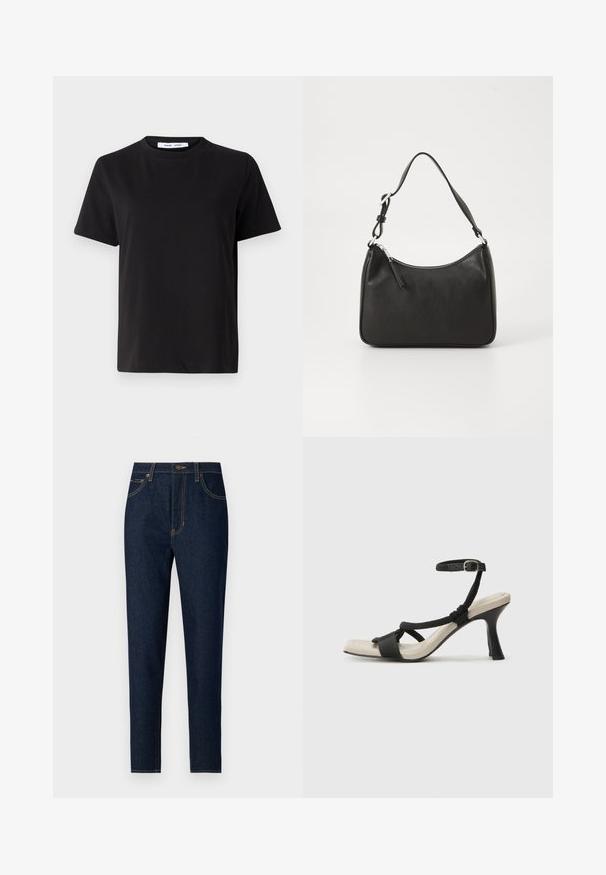 Svart kortermet t-skjorte laget av myk bomull, med rund hals, avslappet passform og en jevn tekstur. Ingen synlige mønstre eller grafikk.; Mørke denim jeans med rett ben-design. Har frontlommer, baklommer og kontrasterende gul søm. Klassisk knappeåpning.; Sorte helårs sandaler med flettet stroppesdesign, firkantet tå og justerbar ankelrem. Lys beige fotseng med glanset svart hæl.; Svart lærveske med en buet form, en enkelt stropp, glidelåslukking og subtil merkevarebygging på forsiden. Glatt tekstur, minimalistisk design.