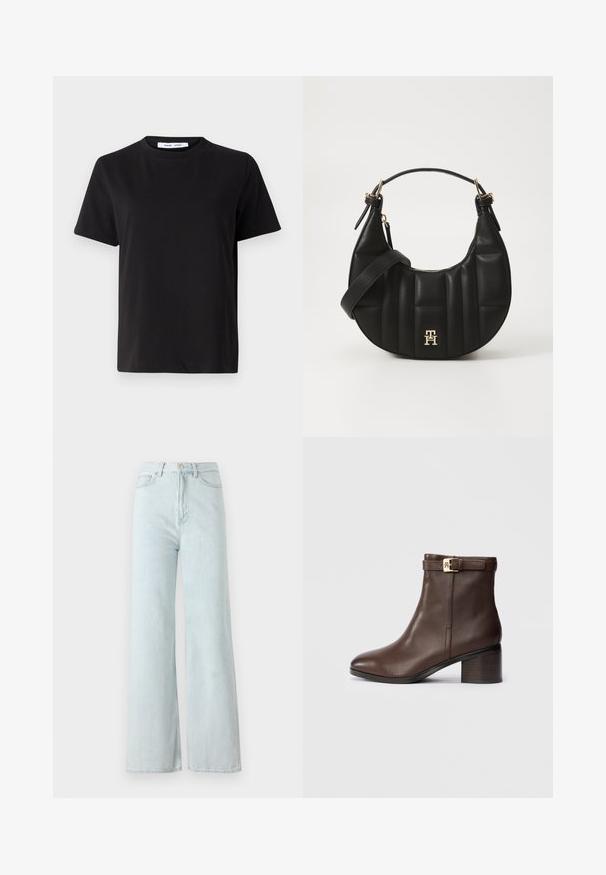 Svart kortärmad t-shirt i mjuk bomull, med rund halsringning, avslappnad passform och en mjuk yta. Inga synliga mönster eller tryck.; Ljusblå vida jeans med hög midja, tillverkade av denimtyg. Har knäppning med knapp och dragkedja samt framfickor.; Brun läderankelboot med rund tå, låg klack och en dekorativ spännband vid vristen. Slät textur och elegant design.; Svart läderhandväska med en böjd form, vadderad textur och guldfärgade detaljer. Har en avtagbar axelrem och logotypdetalj.