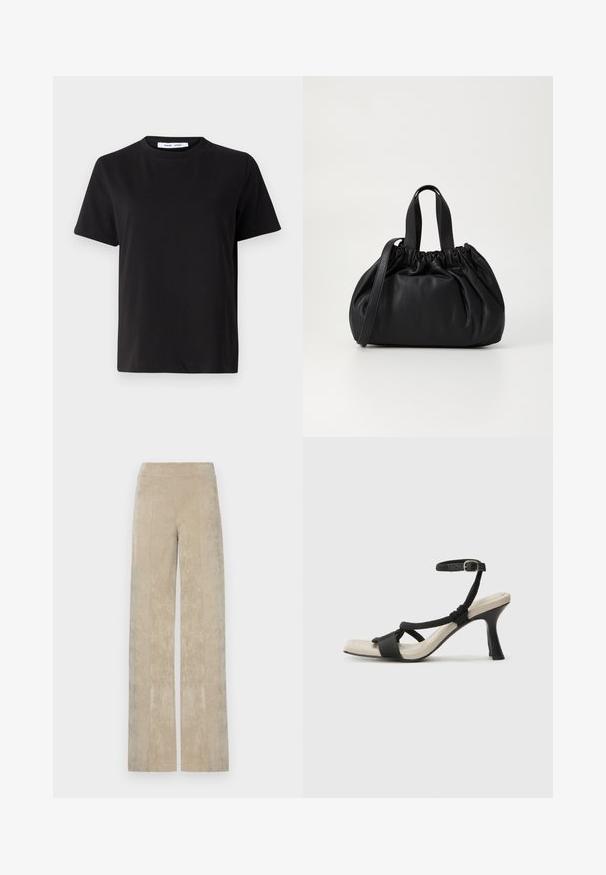 Black short-sleeve t-shirt made of soft cotton, featuring a round neckline, relaxed fit, and a smooth texture. No visible patterns or graphics.; High-waisted, wide-leg pants in light beige corduroy, featuring vertical ribbing and a soft texture. Flat waistband for comfort.; Black heeled sandal with braided strap design, square toe, and adjustable ankle strap. Light beige footbed with a glossy black heel.; Black leather handbag with a gathered top design, featuring two short handles and a long adjustable strap. Smooth texture, rounded shape.