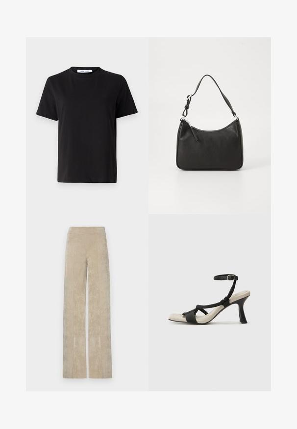 Schwarzes T-Shirt mit kurzen Ärmeln aus weicher Baumwolle, mit rundem Ausschnitt, lockerer Passform und glatter Textur. Keine sichtbaren Muster oder Grafiken.; Hoch taillierte, weit geschnittene Hosen aus hellem beigem Cord, mit vertikalen Rippungen und einer weichen Textur. Flacher Bund für Komfort.; Schwarze Absatzsandale mit geflochtenem Riemendesign, quadratischer Spitze und verstellbarem Knöchelriemen. Helle beigefarbene Sohle mit glänzendem schwarzen Absatz.; Schwarze Lederhandtasche mit geschwungener Form, einem einzigen Tragegurt, Reißverschlussverschluss und dezentem Branding auf der Vorderseite. Glatte Textur, minimalistisches Design.