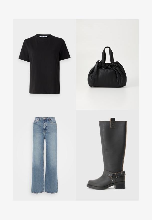 Must have lühikeste varrukatega t-särk, mis on valmistatud pehmest puuvillast, ümmarguse kaelusega, lõdva sobivusega ja sileda tekstuuriga. Ei ole nähtavaid mustreid ega graafikat.; Samsøe Samsøe REBECCA - Wide leg - blue moon; Mustast nahkast kuni põlvede kõrgune saabas tekstureeritud viimistlusega, külgedel on pandlaaktsent ja madal konts. Õmbluste juures on detailne tikand.; Mustmust mustkott mustrihmaga ülaosa disainiga, millel on kaks lühikest käepidet ja pikk reguleeritav rihm. Sile tekstuur, ümar kuju.