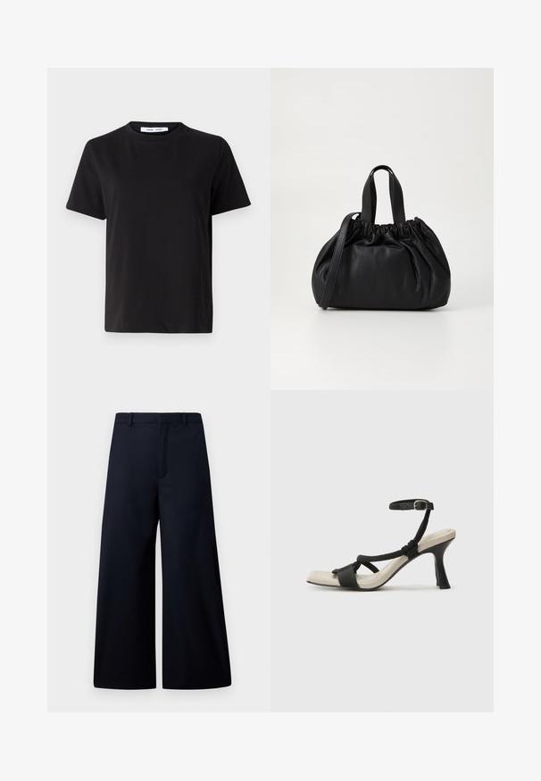 Črna majica s kratkimi rokavi iz mehkega bombaža, ki ima okroglo izrezovanje, udoben kroj in gladko teksturo. Brez vidnih vzorcev ali grafike.; Hlače s širokimi nogavicami v temno modri barvi, izdelane iz gladkega materiala. Imajo raven pas, sprednji pregib in brez vidnih kovinskih delov ali vzorcev.; Črne sandale na visoki peti z prepletenim trakom, kvadratnim nosom in nastavljivim gležnjenjem. Svetlo bež podplat z sijajno črno peto.; Črna usnjena torbica z zloženim zgornjim dizajnom, opremljena z dvema kratkima ročkama in dolgo nastavljivo naramnico. Gladka tekstura, okrogla oblika.