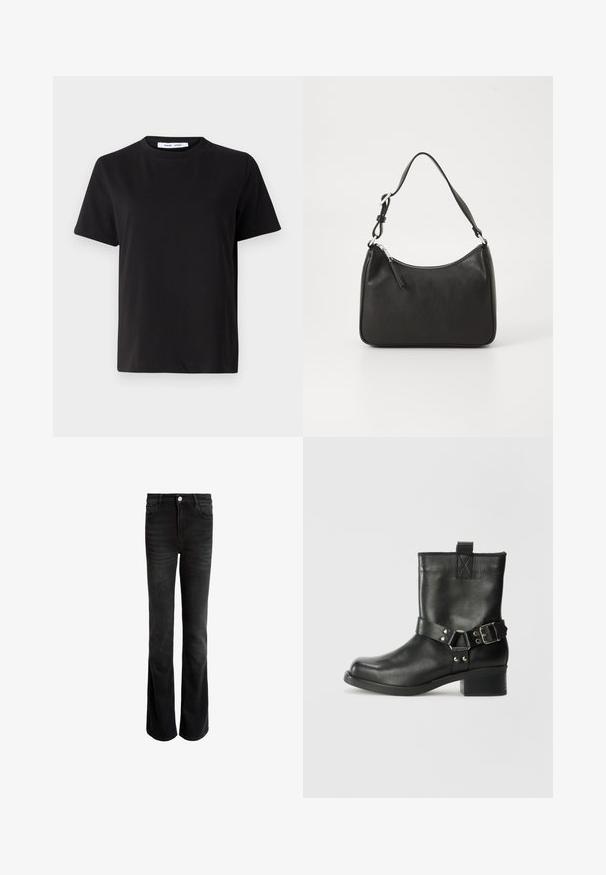 Juodas trumpas rankovės marškinėliai, pagaminti iš minkštos medvilnės, su apvaliu iškirpimu, laisvu pritaikymu ir lygiu paviršiumi. Nėra matomų raštų ar grafikos.; Juodos plačios džinsinės kelnės su aukštu liemeniu, penkiomis kišenėmis ir sidabriniu mygtuko užsegimu. Lygus audinys su švelniu nudėvėjimu.; Samsøe Samsøe SABRENTA - Kaubojiški / motociklininko stiliaus aulinukai - black; Juoda odinė rankinė su išlenkta forma, viena dirželiu, užtrauktuko uždarymu ir subtiliu ženklinimu priekyje. Lygus paviršius, minimalistinis dizainas.