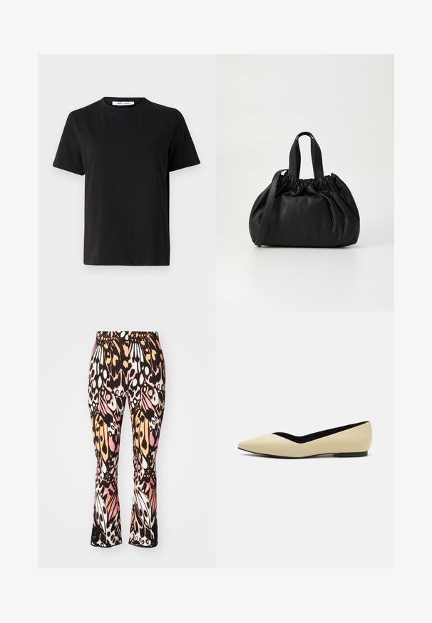 Black short-sleeve t-shirt made of soft cotton, featuring a round neckline, relaxed fit, and a smooth texture. No visible patterns or graphics.; Black leggings with a vibrant, butterfly-inspired print in pink, orange, and white. Flared design with textured accents at the hem.; Pointed-toe flat shoe in beige leather with a low black sole. The interior features a contrasting black lining. Smooth texture, no patterns.; Black leather handbag with a gathered top design, featuring two short handles and a long adjustable strap. Smooth texture, rounded shape.