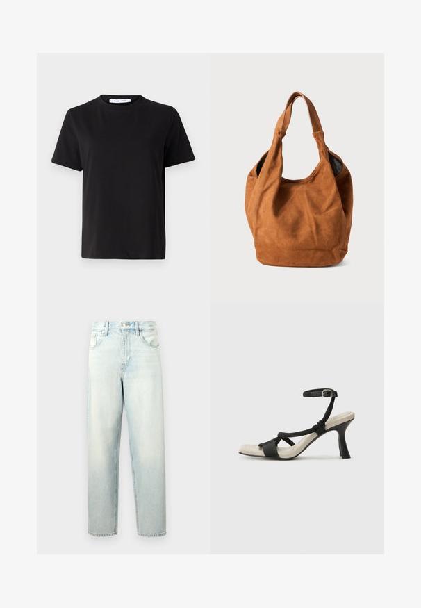 Tricou negru cu manșon scurt, fabricat din bumbac moale, având un guler rotund, o croială lejeră și o textură netedă. Fără modele sau grafice vizibile.; Jeans din denim albastru deschis cu o croială relaxată. Dispune de cinci buzunare, închidere cu nasture și fermoar, și un finisaj ușor decolorat.; Sandal cu toc negru, cu design de curea împletită, vârf pătrat și curea de gleznă ajustabilă. Tălpică de un bej deschis și toc negru lucios.; Geantă de umăr din suede maro, cu o textură moale, formă curbată și două mânere. Prezintă un design minimalist, fără hardware sau accente vizibile.