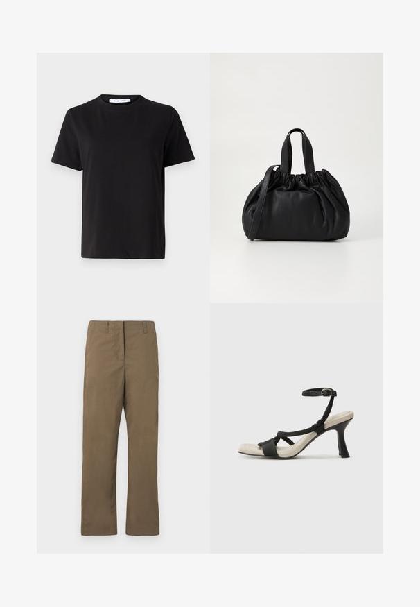 Black short-sleeve t-shirt made of soft cotton, featuring a round neckline, relaxed fit, and a smooth texture. No visible patterns or graphics.; Brown straight-leg trousers made of cotton-blend fabric. Features belt loops, a front pocket, and a smooth texture without patterns.; Black heeled sandal with braided strap design, square toe, and adjustable ankle strap. Light beige footbed with a glossy black heel.; Black leather handbag with a gathered top design, featuring two short handles and a long adjustable strap. Smooth texture, rounded shape.