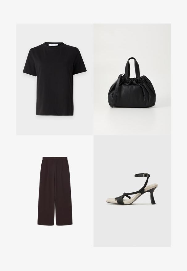 Svart kortermet t-skjorte laget av myk bomull, med rund hals, avslappet passform og en jevn tekstur. Ingen synlige mønstre eller grafikk.; Mørkebrun vid benbukser laget av lett stoff, med høy liv, folder og to sidelommer, samt en elastisk linning.; Sorte helårs sandaler med flettet stroppesdesign, firkantet tå og justerbar ankelrem. Lys beige fotseng med glanset svart hæl.; Svart lærveske med en samlet toppdesign, som har to korte håndtak og en lang justerbar stropp. Glatt tekstur, rund form.