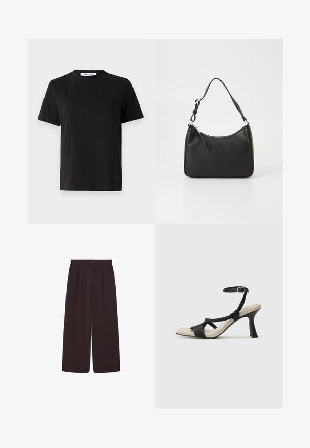 T-shirt preto de manga curta feito de algodão suave, com decote redondo, ajuste descontraído e uma textura suave. Sem padrões ou gráficos visíveis.; Calças largas de cor castanho-escuro, feitas de um tecido leve, com uma cintura alta, pregas e dois bolsos laterais, apresentando uma faixa elástica na cintura.; Sandal com salto alto preto e design de tiras trançadas, bico quadrado e tira de tornozelo ajustável. Sola em tom bege claro com um salto preto brilhante.; Mala de mão em couro preto com formato curvo, uma alça, fecho em zip e uma marcação discreta na frente. Textura suave, design minimalista.