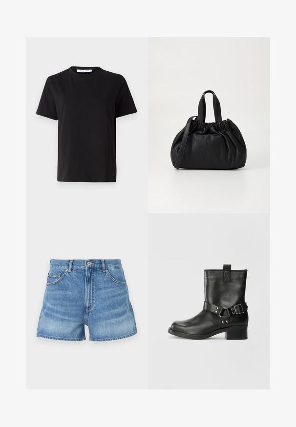 Musta lyhythihainen t-paita, joka on valmistettu pehmeästä puuvillasta. Paitassa on pyöreä kaula-aukko, rento malli ja sileä pinta. Ei näkyviä kuvioita tai graafisia elementtejä.; Vaaleansiniset farkkushortsit, joissa on korkea vyötärö, viisi taskua ja raakareunat. Niissä on metallinen nappi ja kontrastiväriset ompeleet saumoissa.; Samsøe Samsøe SABRENTA - Biker-/cowboynilkkurit - black; Musta nahkabag, jossa on kerätty yläosa. Varustettu kahdella lyhyellä kantokahvalla ja pitkällä säädettävällä hihnalla. Sileä pinta, pyöreä muoto.