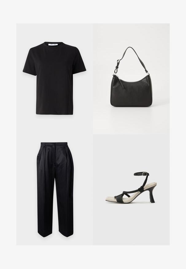 Black short-sleeve t-shirt made of soft cotton, featuring a round neckline, relaxed fit, and a smooth texture. No visible patterns or graphics.; Black, high-waisted trousers made of smooth fabric, featuring pressed pleats, wide legs, and a straight cut with a slightly tapered hem.; Black heeled sandal with braided strap design, square toe, and adjustable ankle strap. Light beige footbed with a glossy black heel.; Black leather handbag with a curved shape, a single strap, zip closure, and subtle branding on the front. Smooth texture, minimalist design.