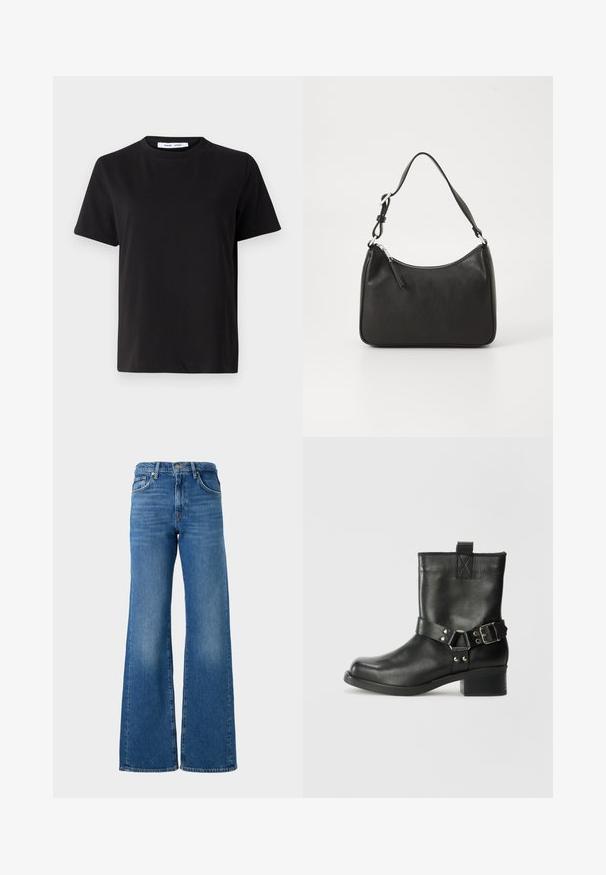 Sort t-shirt med korte ærmer fremstillet af blødt bomuld, med rund halsudskæring, afslappet pasform og en glat overflade. Ingen synlige mønstre eller grafik.; Bredde ben blå jeans med en falmet finish, lavet af denim, med et klassisk fem-lomme design og messingknap lukning i taljen.; Samsøe Samsøe SABRENTA - Cowboy- / bikerstøvlette - black; Sort læderhåndtaske med en buet form, en enkelt rem, lynlås lukning og diskret branding på forsiden. Glat tekstur, minimalistisk design.