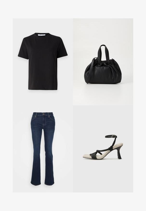 Melna īsām piedurknēm T-kreklu, kas izgatavots no mīksta kokvilnas, ar apļveida kakla izgriezumu, brīvu piegriezumu un gludu tekstūru. Nav redzamu rakstu vai grafikas.; Tumši zili izspiedumi džinsi, kas izgatavoti no džinsa; augsta jostasvieta, pieci kabatas, zeltaini aksesuāri un gluda tekstūra ar maigu izbalēšanu pie augšstilbiem.; Melnas augstpapēžu sānijas ar pinuma siksnu dizainu, kvadrātveida purngali un regulējamu potītes siksnu. Gaismas beidzamais kāju paklājiņš ar spīdīgu melnu papēdi.; Melnas ādas rokassomu ar savākta augšdaļa dizainu, kas aprīkota ar divām īsām rokturiem un garu regulējamu siksnu. Gluda tekstūra, noapaļota forma.