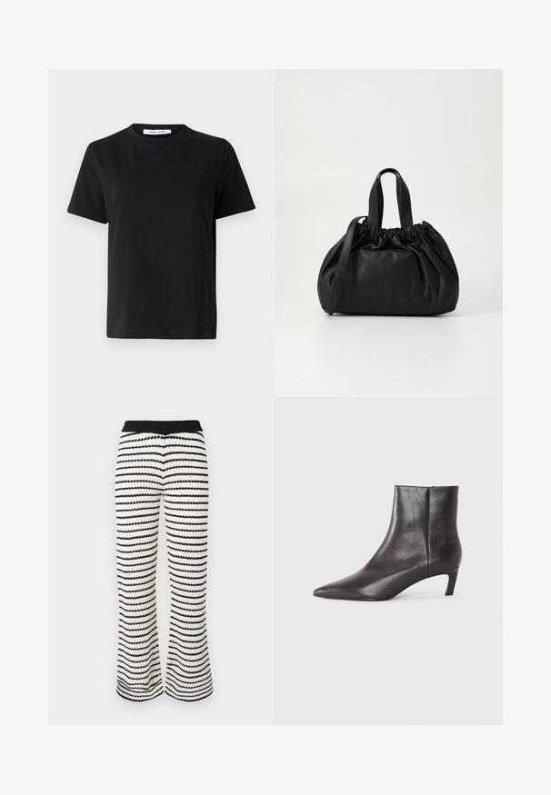 Juodas trumpas rankovės marškinėliai, pagaminti iš minkštos medvilnės, su apvaliu iškirpimu, laisvu pritaikymu ir lygiu paviršiumi. Nėra matomų raštų ar grafikos.; Juostos, megzti plačiakraščiai kelniai juodai baltais raštais. Su briaunota juosmens dalimi ir tekstūruotu audiniu, kuriame visur matomas banginis raštas.; Juodas odinis kulkšninis batai su smailu nosimi ir žemu katės kulnu, lygus paviršius, šoninė užtrauktuko sistema, rodomas neutralioje fone.; Juoda odinė rankinė su susiraukšlėjusiu viršumi, su dviem trumpomis rankenėlėmis ir ilga reguliuojama juosta. Lygus paviršius, apvalios formos.