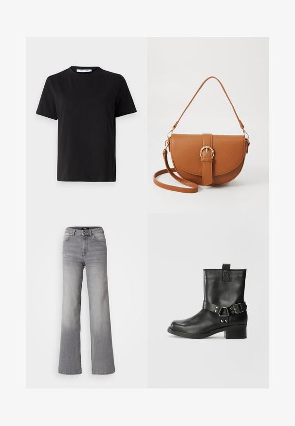 Black short-sleeve t-shirt made of soft cotton, featuring a round neckline, relaxed fit, and a smooth texture. No visible patterns or graphics.; High-waisted straight-leg gray denim jeans with front button and zipper, front and back pockets, and faded shading on thighs and calves.; Samsøe Samsøe SABRENTA - Cowboy/biker ankle boot - black; Brown leather crossbody bag with a curved shape, gold hardware, and a buckle accent. Features a detachable shoulder strap.