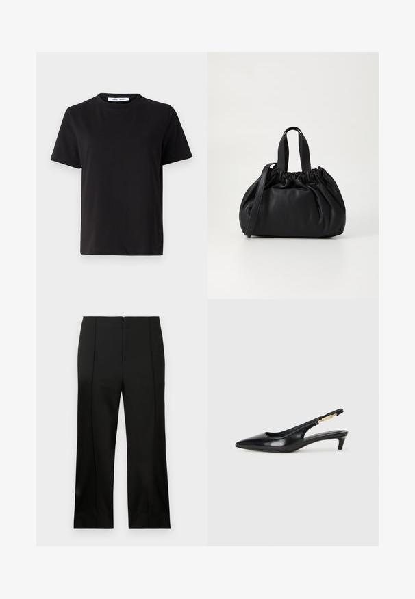 Čierne tričko s krátkym rukávom vyrobené z mäkkej bavlny, s okrúhlym výstrihom, uvoľneným strihom a hladkou štruktúrou. Žiadne viditeľné vzory ani grafika.; Čierne krátke elegantné nohavice so rovnými nohami, hladkou tkaninou, stredným predným záhybom a diskrétnym zipsom na chrbte.; Čierne kožené slingback opätky s špicatou špičkou, s úzkym opätkom a zlatým detailom na nastaviteľnom remienku. Hladká textúra.; Čierna kožená kabelka so zberaným vrchom, s dvoma krátkymi držadlami a dlhým nastaviteľným popruhom. Hladká textura, zaoblený tvar.
