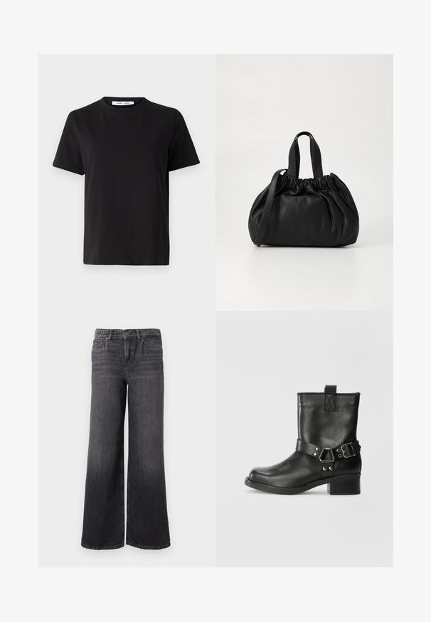 Svart kortermet t-skjorte laget av myk bomull, med rund hals, avslappet passform og en jevn tekstur. Ingen synlige mønstre eller grafikk.; Bredde ben mørk grå denim jeans med en subtil falming, med knappelukking, fem lommer, og en rett kant ved ankelen.; Samsøe Samsøe SABRENTA - Cowboystøvletter - black; Svart lærveske med en samlet toppdesign, som har to korte håndtak og en lang justerbar stropp. Glatt tekstur, rund form.