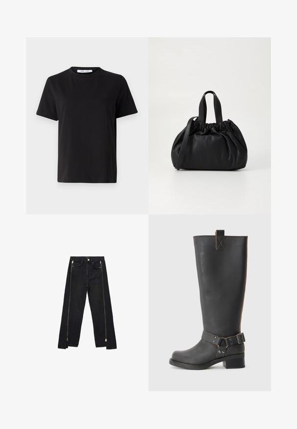 Črna majica s kratkimi rokavi iz mehkega bombaža, ki ima okroglo izrezovanje, udoben kroj in gladko teksturo. Brez vidnih vzorcev ali grafike.; Črne kavbojke iz denima s pravim nogavicami, z zlatimi zadrgami ob straneh in standardnimi žepi na pasu.; Črne usnjene škornje do kolen z teksturirano obdelavo, ki imajo stranski sponko in nizko peto. Podrobno šivanje po šivih.; Črna usnjena torbica z zloženim zgornjim dizajnom, opremljena z dvema kratkima ročkama in dolgo nastavljivo naramnico. Gladka tekstura, okrogla oblika.