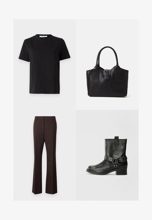 T-shirt noir à manches courtes en coton doux, avec un col rond, une coupe décontractée et une texture lisse. Pas de motifs ni de graphiques visibles.; Samsøe Samsøe SALOT TROUSERS  - Pantalon classique - chocolate torte; Samsøe Samsøe SABRENTA  - Bottines de cowboy / motard - black; Sac fourre-tout en cuir noir avec une texture lisse, une forme structurée, deux poignées et un détail en boucle argentée proéminent à l'avant.