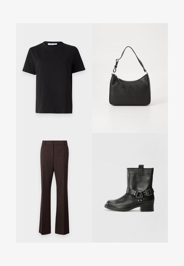 T-shirt noir à manches courtes en coton doux, avec un col rond, une coupe décontractée et une texture lisse. Pas de motifs ni de graphiques visibles.; Samsøe Samsøe SALOT TROUSERS - Pantalon classique - chocolate torte; Samsøe Samsøe SABRENTA - Bottines de cowboy / motard - black; Sac à main en cuir noir avec une forme courbée, une seule sangle, fermeture éclair et un logo discret à l'avant. Texture lisse, design minimaliste.