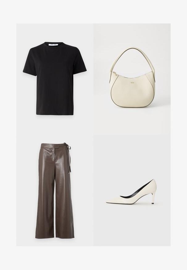 Svart kortermet t-skjorte laget av myk bomull, med rund hals, avslappet passform og en jevn tekstur. Ingen synlige mønstre eller grafikk.; Brune kunstlær brede bukser med høy midje og sideknyting på hvit bakgrunn.; Hvit lakkert lær høyhælt pumpsko med spiss tå, smal hæl og svart interiørdetaljering. Glatt tekstur og elegant design.; Kremfarget håndveske med teksturert overflate, buet form, kort håndtak og gullfarget logo. Glidelås lukking på toppen.