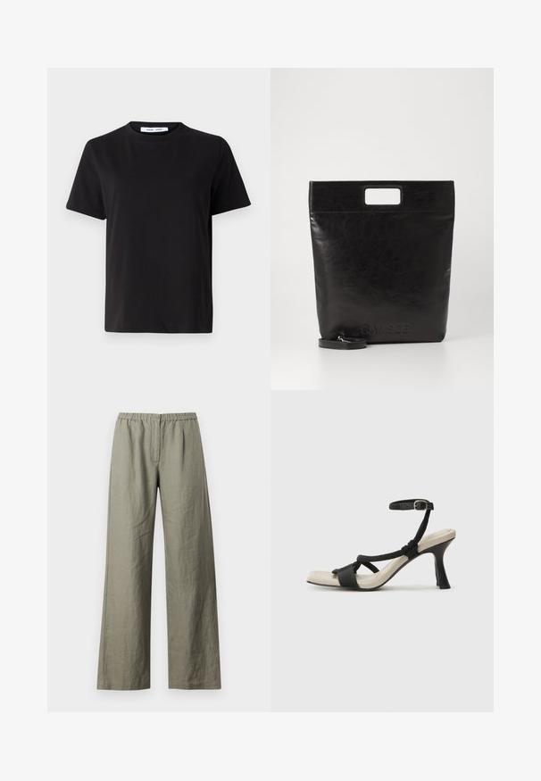 Must have lühikeste varrukatega t-särk, mis on valmistatud pehmest puuvillast, ümmarguse kaelusega, lõdva sobivusega ja sileda tekstuuriga. Ei ole nähtavaid mustreid ega graafikat.; Samsøe Samsøe SATOVE TROUSERS - Püksid - vetiver; Mustad musta kontsaga sandaal, millel on punutud rihma disain, ruudukujuline varvas ja reguleeritav pahkluu rihm. Heleda beeži värvi jalapadi ja läikiv must konts.; Must mustrikotest läikega must nahast kott ruudukujulise käepidemega, millel on tekstuuriga viimistlus ja reljeefne logo. Kohandatav rihm on eemaldatav.