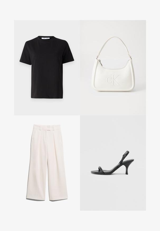 Zwart T-shirt met korte mouwen, gemaakt van zachte katoen, met een ronde hals, een ontspannen pasvorm en een gladde textuur. Geen zichtbare patronen of opdrukken.; Brede broekspijpen in een lichte crèmekleur, gemaakt van gladde stof met twee voorzakken en zichtbare stiksels op de tailleband.; Zwarte leren sandalen met hoge hakken, een slanke, gebogen hak en een gekruist bandontwerp. Verstelbare enkelband. Soepele textuur.; Witte lederen handtas met een gebogen vorm, voorzien van een reliëf "CK" logo aan de voorkant en een enkele schouderriem. Ritsluiting aan de bovenkant.