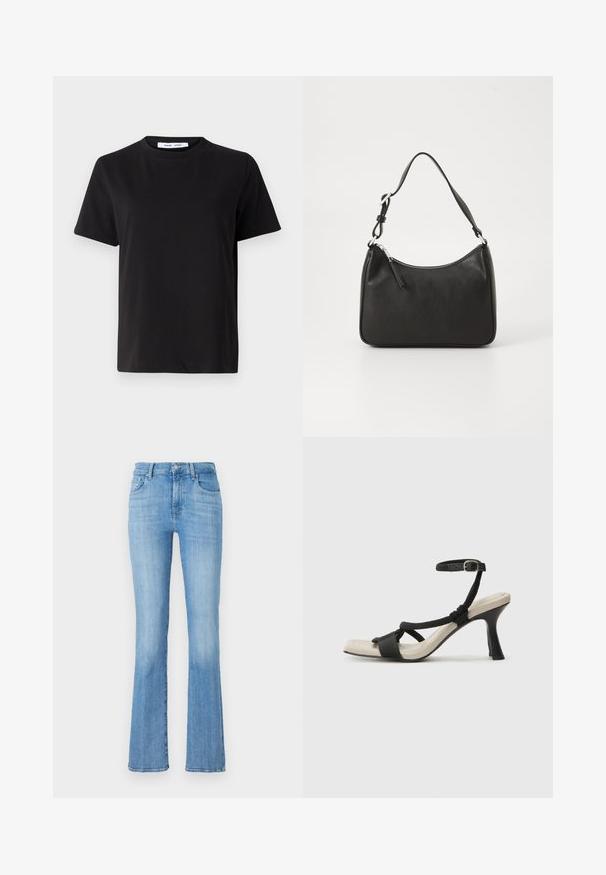 Black short-sleeve t-shirt made of soft cotton, featuring a round neckline, relaxed fit, and a smooth texture. No visible patterns or graphics.; Light blue flared denim jeans with a high waist, featuring five pockets, a front button closure, and a faded, slightly distressed texture.; Black heeled sandal with braided strap design, square toe, and adjustable ankle strap. Light beige footbed with a glossy black heel.; Black leather handbag with a curved shape, a single strap, zip closure, and subtle branding on the front. Smooth texture, minimalist design.