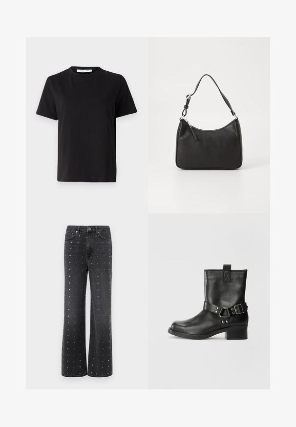 Black short-sleeve t-shirt made of soft cotton, featuring a round neckline, relaxed fit, and a smooth texture. No visible patterns or graphics.; Samsøe Samsøe SASHELLY - Wide Leg - black wash; Samsøe Samsøe SABRENTA - Cowboy/biker ankle boot - black; Black leather handbag with a curved shape, a single strap, zip closure, and subtle branding on the front. Smooth texture, minimalist design.
