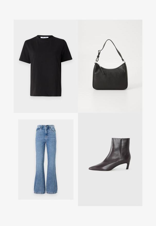 Musta lyhythihainen t-paita, joka on valmistettu pehmeästä puuvillasta. Paitassa on pyöreä kaula-aukko, rento malli ja sileä pinta. Ei näkyviä kuvioita tai graafisia elementtejä.; Vaaleansiniset farkut, joissa on leveät lahkeet ja korkea vyötärö. Etutaskut, vetoketjukiinnitys ja kankaan hienovarainen haalistus.; Mustat nahkakengät nilkkurit, joissa on terävä kärki ja matala kitten-kanta, sileä pinta, sivuvetoketju, esitetty neutraalilla taustalla.; Mustat nahkakäsilaukku, jossa on kaareva muoto, yksi hihna, vetoketjukiinnitys ja hienovarainen brändäys etuosassa. Sujuva pinta, minimalistinen muotoilu.