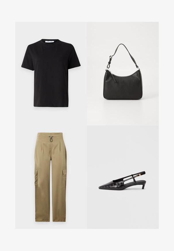 Čierne tričko s krátkym rukávom vyrobené z mäkkej bavlny, s okrúhlym výstrihom, uvoľneným strihom a hladkou štruktúrou. Žiadne viditeľné vzory ani grafika.; Khaki cargo nohavice so slim strihom, so sťahovacím pásom, dvoma bočnými vreckami a textúrovanou tkaninou pre zvýšenú odolnosť.; Čierna kožená topánka s úzkym špičatým nosom, s popruhom na päte, krokodílovou textúrou, malým zúženým podpätkom a nastaviteľným popruhom s detailom kovovej spony.; Čierna kožená kabelka s oblým tvarom, jediným popruhom, zipsom a nenápadným logom na prednej strane. Hladká textúra, minimalistický dizajn.