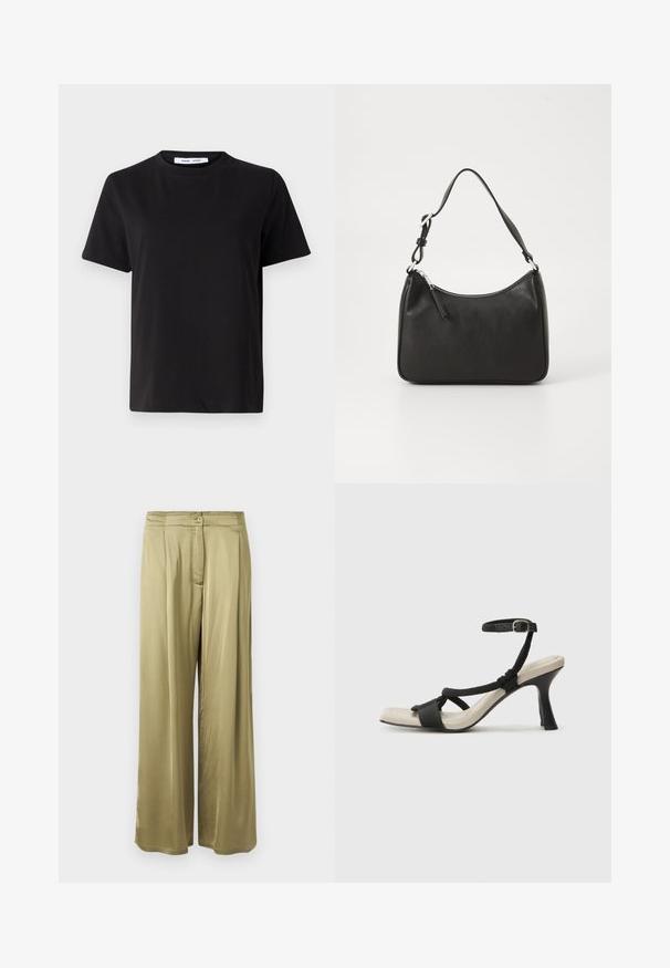 Zwart T-shirt met korte mouwen, gemaakt van zachte katoen, met een ronde hals, een ontspannen pasvorm en een gladde textuur. Geen zichtbare patronen of opdrukken.; Olijfgroene, wijde broek van een soepele stof, met een sluiting aan de voorkant met knoop en geplooide details bij de taille.; Zwarte hoge hak sandaal met een gevlochten bandontwerp, vierkante teen en verstelbare enkelband. Lichtbeige voetbed met een glanzende zwarte hak.; Zwarte leren handtas met een gebogen vorm, een enkele schouderband, ritsluiting en subtiele branding aan de voorkant. Glad textuur, minimalistisch ontwerp.