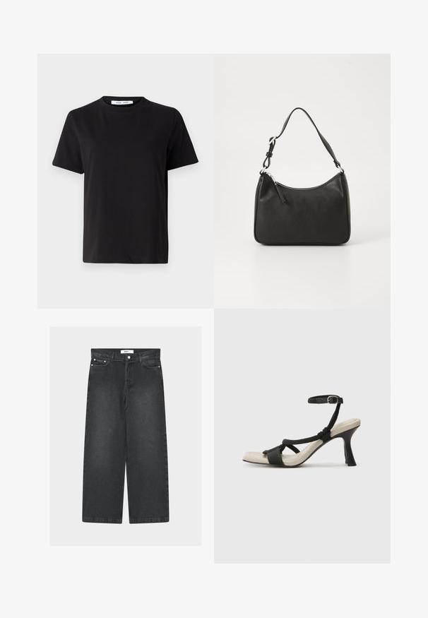 Černé tričko s krátkým rukávem vyrobené z měkké bavlny, s kulatým výstřihem, volným střihem a hladkým povrchem. Žádné viditelné vzory ani grafika.; Černé široké džíny s vysokým pasem, předními kapsami a zapínáním na knoflík. Mají stahovací pas a hladkou texturu.; Černé sandály na podpatku s pleteným designem pásku, čtveratou špičkou a nastavitelným páskem kolem kotníku. Světle béžová stélka s lesklým černým podpatkem.; Černá kožená kabelka s zakřiveným tvarem, s jedním popruhem, zipovým uzávěrem a decentním logem na přední straně. Hladká textura, minimalistický design.