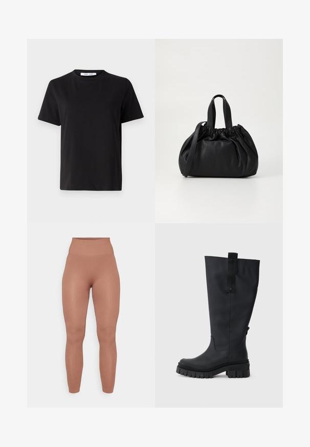 T-shirt nero a maniche corte realizzato in morbido cotone, con scollatura rotonda, vestibilità rilassata e una superficie liscia. Nessun motivo o grafica visibile.; Leggings a vita alta a coste in un caldo e tenue colore marrone. Realizzati in materiale elasticizzato, presentano una vestibilità aderente e una texture liscia.; Stivali di gomma neri al ginocchio con suola spessa, grip texture e un'etichetta in tessuto nella parte superiore per una facile vestibilità. Finitura liscia e opaca.; Borsa a tracolla in pelle nera con design a cima arricciata, dotata di due manici corti e di una lunga tracolla regolabile. Texture liscia, forma arrotondata.