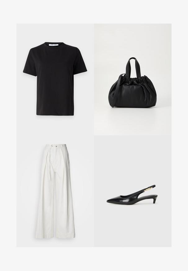 Musta lyhythihainen t-paita, joka on valmistettu pehmeästä puuvillasta. Paitassa on pyöreä kaula-aukko, rento malli ja sileä pinta. Ei näkyviä kuvioita tai graafisia elementtejä.; Valkoiset, leveälahkeiset housut kevyestä kankaasta. Ominaisuuksiin kuuluu etulenkki, pitkä solmittava vyö ja hillityt laskokset rentoa istuvuutta varten.; Mustat nahkaiset slingback-korkokengät, joissa on terävä kärki, ohuet korot ja kultasävytteinen yksityiskohta säädettävässä hihnassa. Silkkinen pinta.; Musta nahkabag, jossa on kerätty yläosa. Varustettu kahdella lyhyellä kantokahvalla ja pitkällä säädettävällä hihnalla. Sileä pinta, pyöreä muoto.