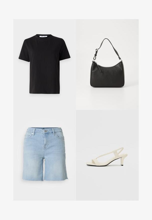 Fekete, rövid ujjú póló, puha pamutból készült, kerek nyakkivágással, laza szabással és sima textúrával. Nincs látható minta vagy grafikák.; Világoskék farmer rövidnadrág, egyenes lábbal, gombos záródással és szálkás szegéllyel. Elülső zsebekkel és klasszikus szabású fazonnal rendelkezik.; Beige színű, blokksarkú szandálok vékony pántokkal és négyzet alakú orral. Simább anyag, minimális részletezéssel, amely könnyű viselésre lett tervezve.; Fekete bőrtáska ívelt formával, egyetlen pánttal, cipzáras záródással és diszkrét logóval az elején. Simább textúra, minimalista dizájn.