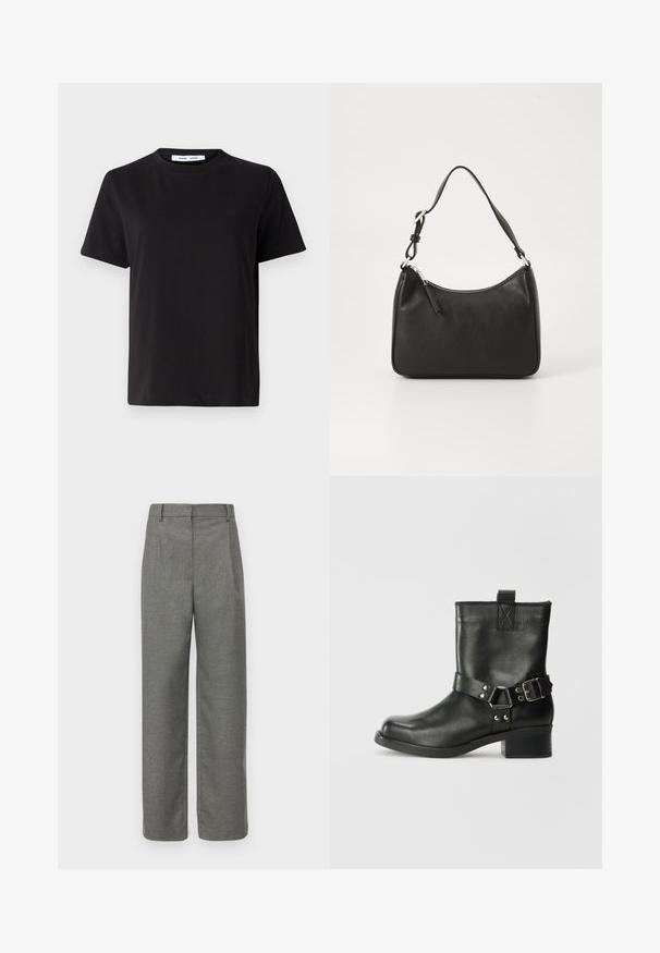 Musta lyhythihainen t-paita, joka on valmistettu pehmeästä puuvillasta. Paitassa on pyöreä kaula-aukko, rento malli ja sileä pinta. Ei näkyviä kuvioita tai graafisia elementtejä.; Harmaat räätälöidyt housut teksturoidusta kankaasta, joissa on tasainen etuosa, vyölenkit ja leveälahkeinen muotoilu. Ei näkyviä taskuja tai yksityiskohtia.; Samsøe Samsøe SABRENTA - Biker-/cowboynilkkurit - black; Mustat nahkakäsilaukku, jossa on kaareva muoto, yksi hihna, vetoketjukiinnitys ja hienovarainen brändäys etuosassa. Sujuva pinta, minimalistinen muotoilu.