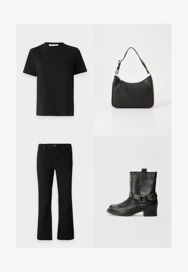 Black short-sleeve t-shirt made of soft cotton, featuring a round neckline, relaxed fit, and a smooth texture. No visible patterns or graphics.; Black straight-leg jeans with button and zipper closure, belt loops, and front and back pockets against a white background.; Samsøe Samsøe SABRENTA - Cowboy/biker ankle boot - black; Black leather handbag with a curved shape, a single strap, zip closure, and subtle branding on the front. Smooth texture, minimalist design.