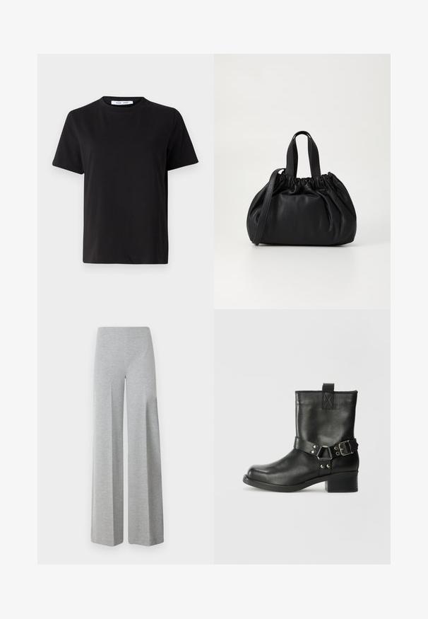 Czarny t-shirt z krótkim rękawem wykonany z miękkiej bawełny, z okrągłym dekoltem, luźnym krojem i gładką fakturą. Bez widocznych wzorów ani grafik.; Szare spodnie typu wide-leg z miękkiej, elastycznej tkaniny. Posiadają wysoki stan oraz gładki, minimalistyczny design bez dodatkowych detali.; Samsøe Samsøe SABRENTA czarny; Czarna skórzana torebka z zebranym wykończeniem, z dwoma krótkimi uchwytami i długim regulowanym paskiem. Gładka tekstura, zaokrąglony kształt.